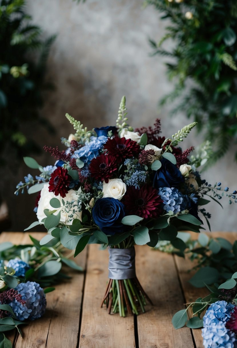 A navy and burgundy bouquet sits on a rustic wooden table, surrounded by lush greenery and delicate blue and burgundy flowers