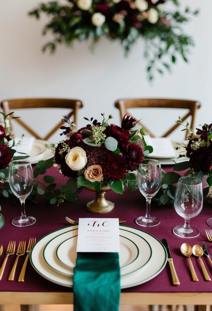 A burgundy and hunter green wedding table setting with floral centerpieces and elegant place settings