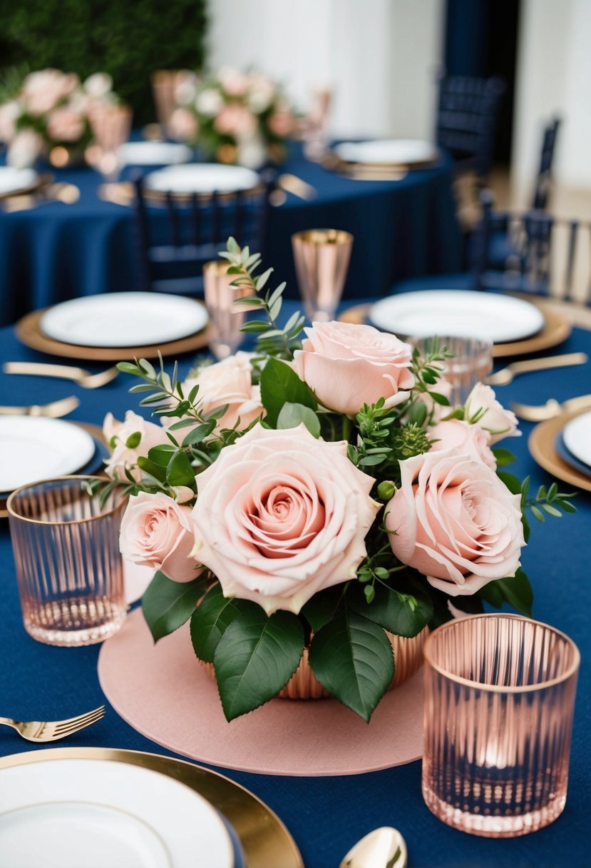 Low blush rose centerpieces with greenery accents sit atop navy blue and rose gold table settings