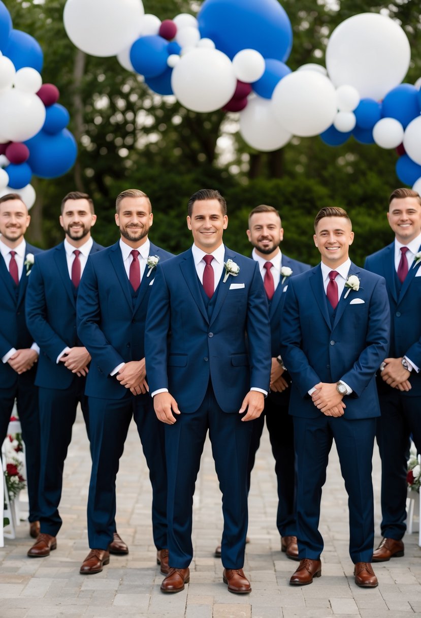 A group of classic navy suits with burgundy ties arranged in a wedding setting, with blue and burgundy accents throughout