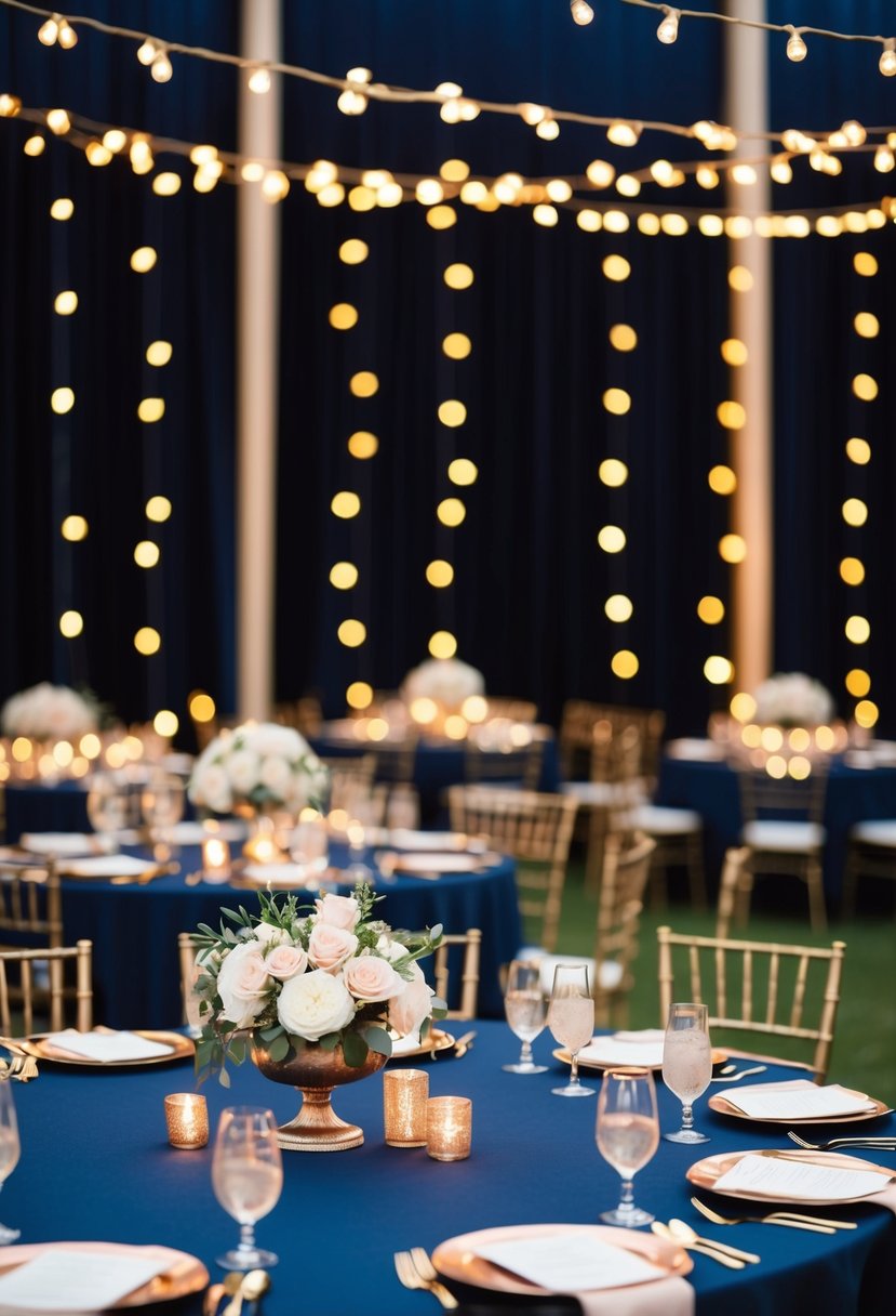 Rose gold fairy lights illuminate a navy blue and rose gold wedding setting, creating a magical ambiance