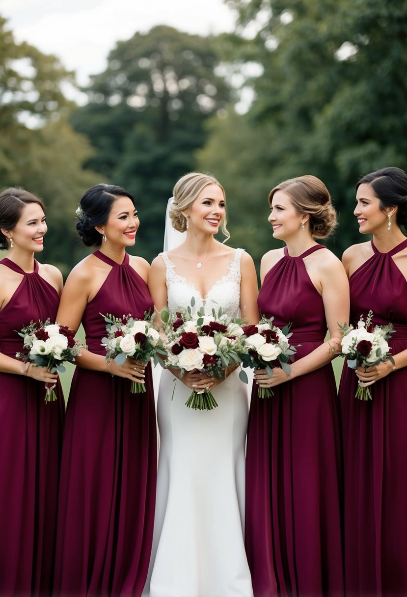 Burgundy bridesmaid dresses with navy accessories in a romantic wedding setting