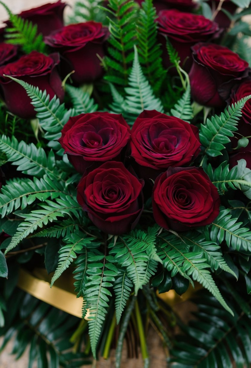 Burgundy roses and hunter green ferns arranged in bouquets