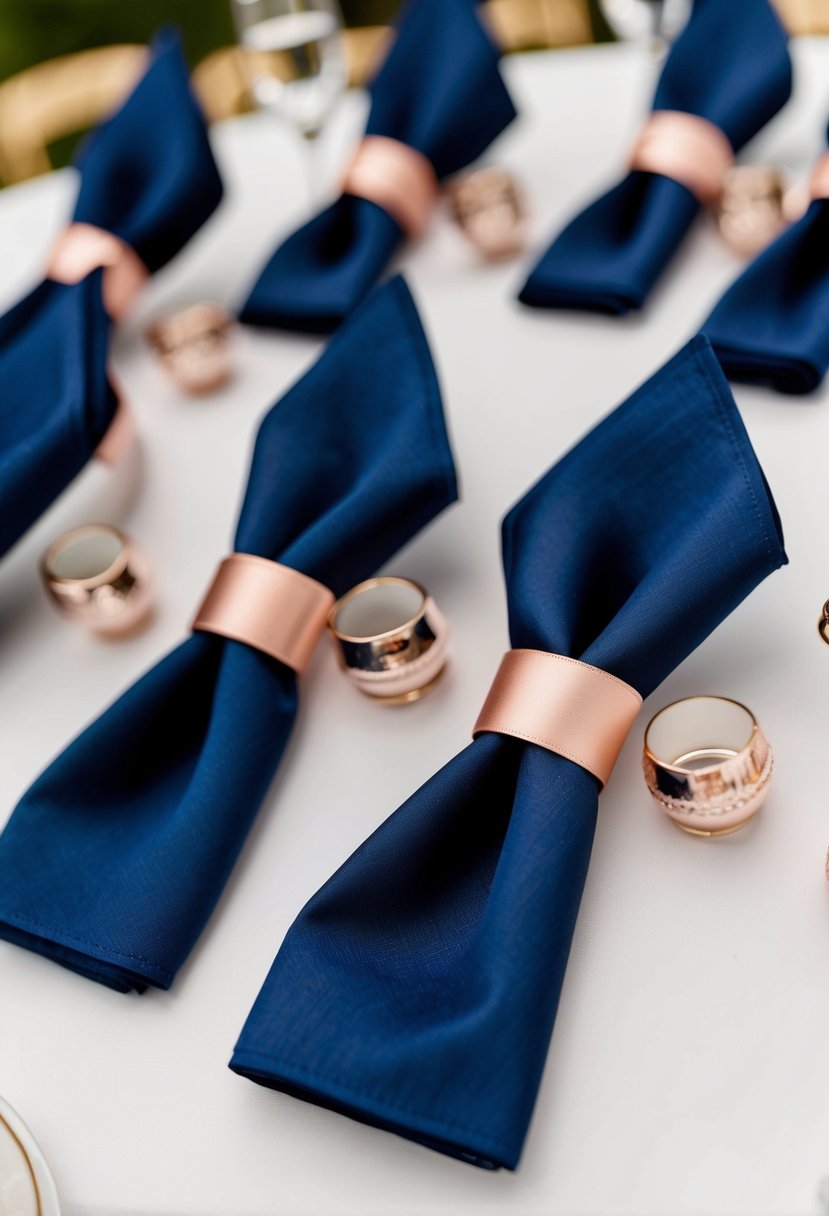 Navy blue napkins tied with rose gold ribbons arranged on a wedding reception table