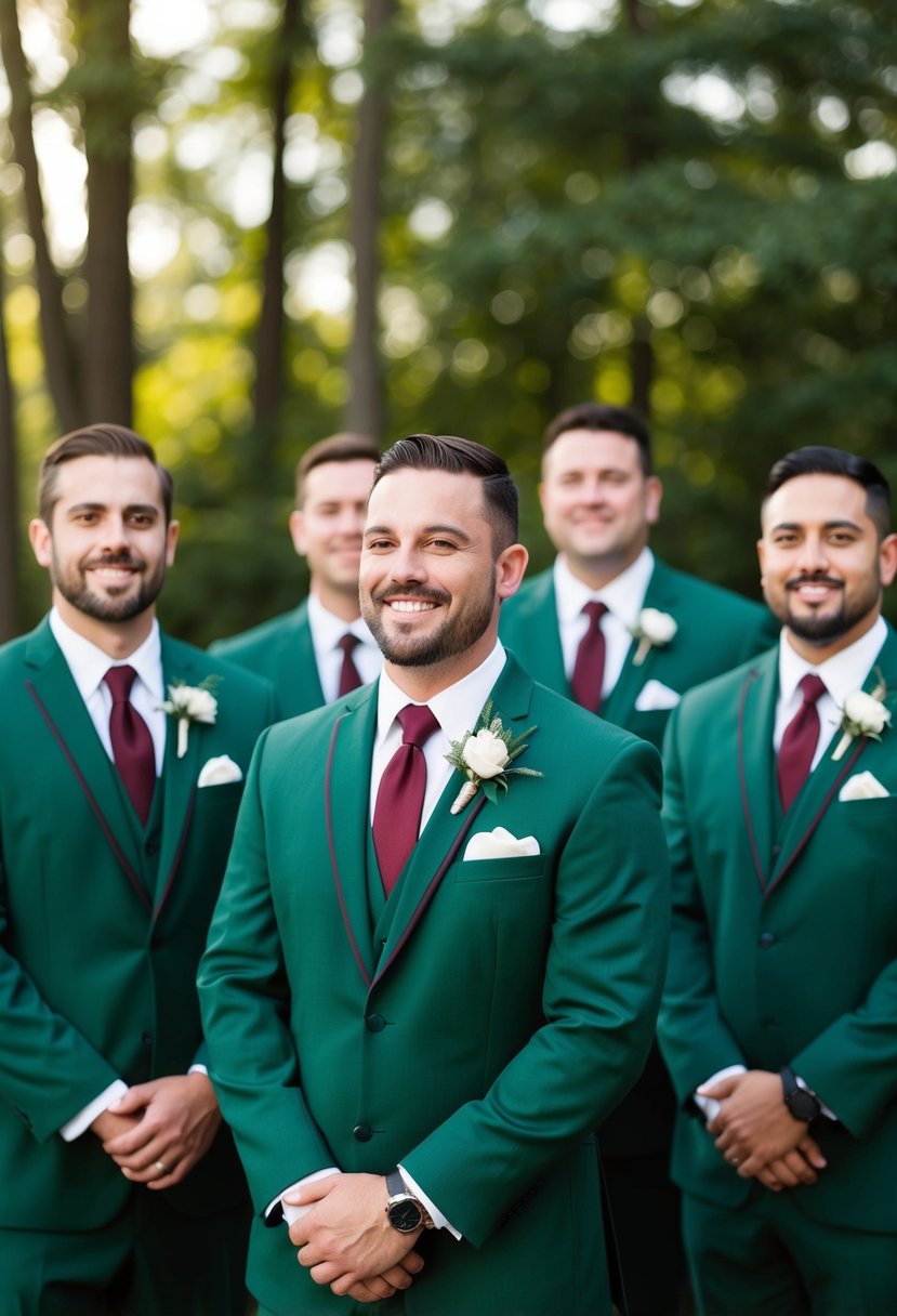 Groomsmen in hunter green suits, wearing burgundy ties