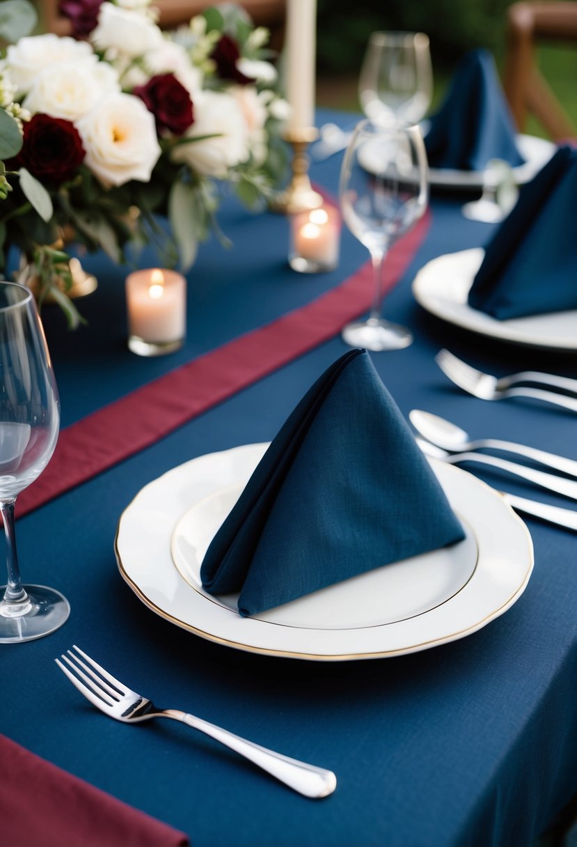 A table set with crisp navy blue linen napkins, complemented by touches of burgundy, evoking a sophisticated and elegant wedding color scheme