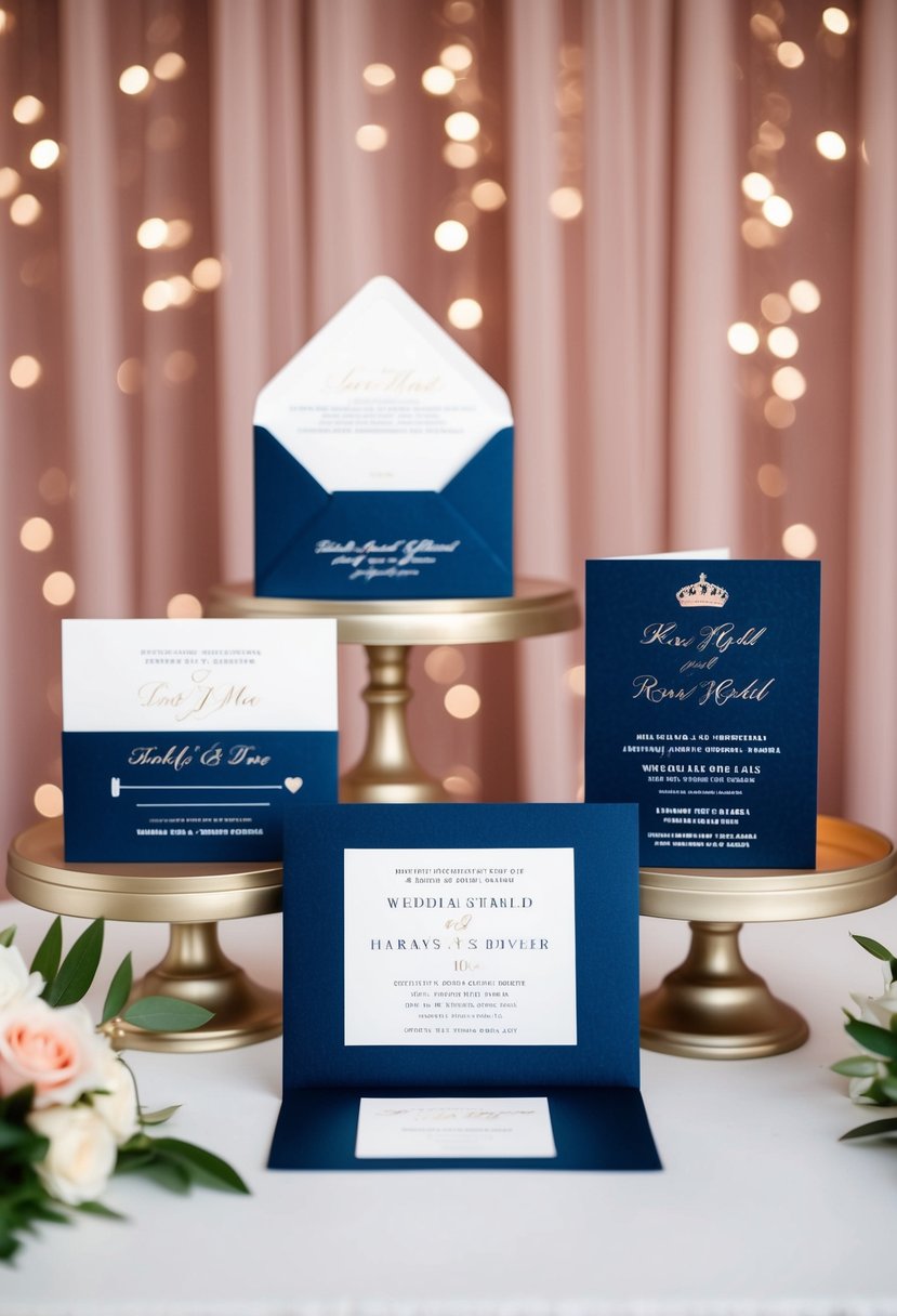 Elegant navy and rose gold printed invitations displayed with coordinating wedding decor