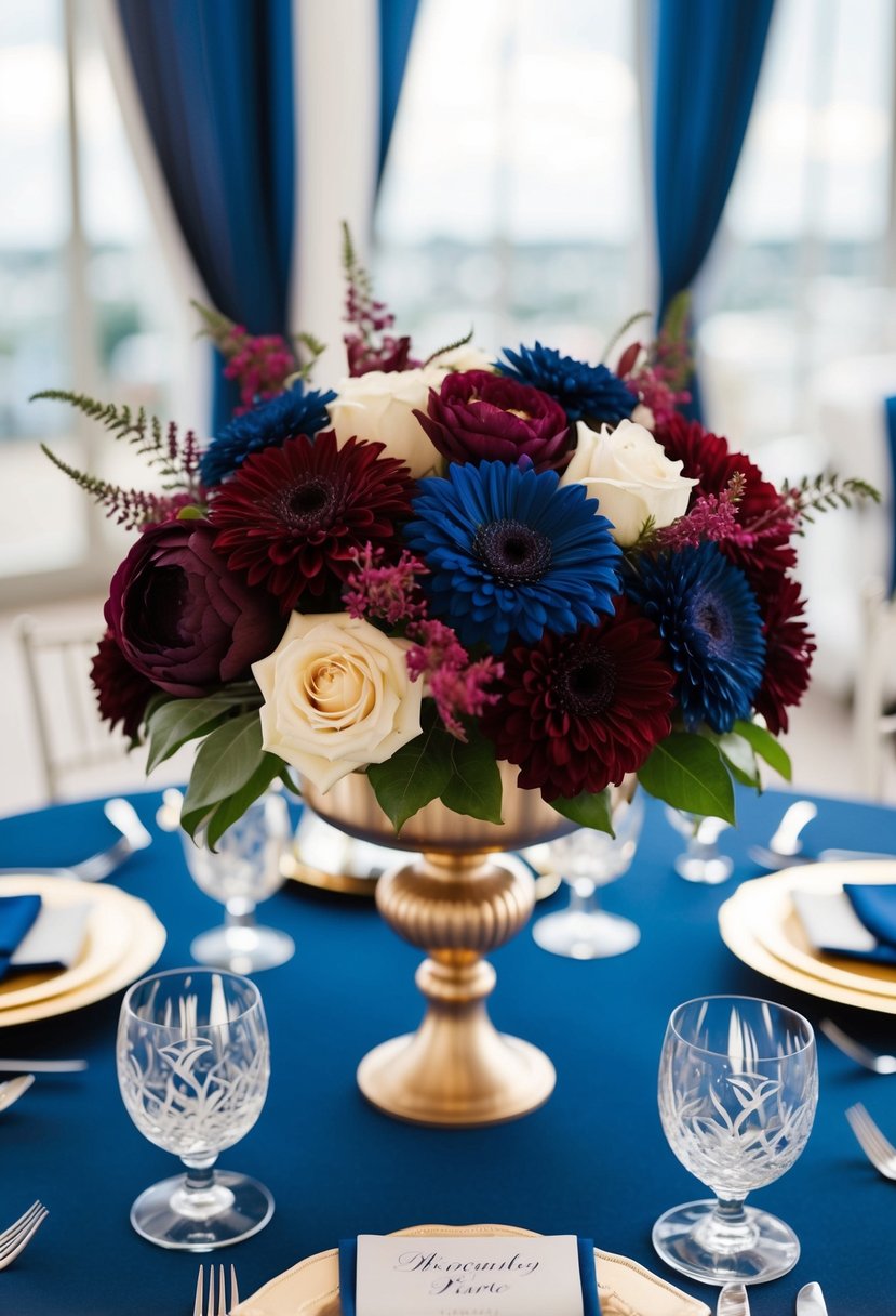 A stunning centerpiece with burgundy and navy flowers in a magical blue and burgundy wedding color scheme