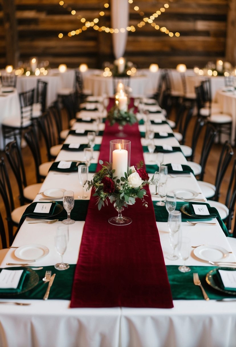 Burgundy velvet table runners with hunter green accents on a wedding reception table