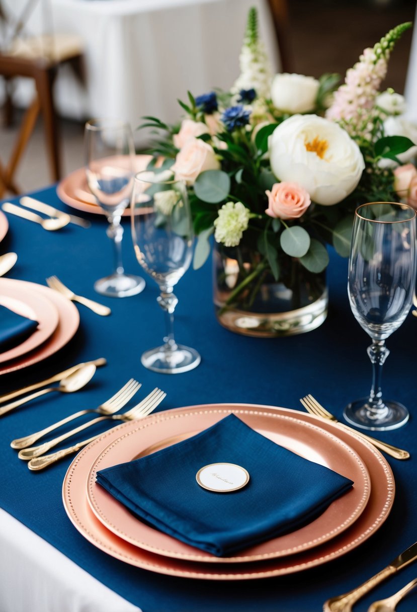 Rose gold chargers on navy table settings, with matching napkins and floral centerpieces