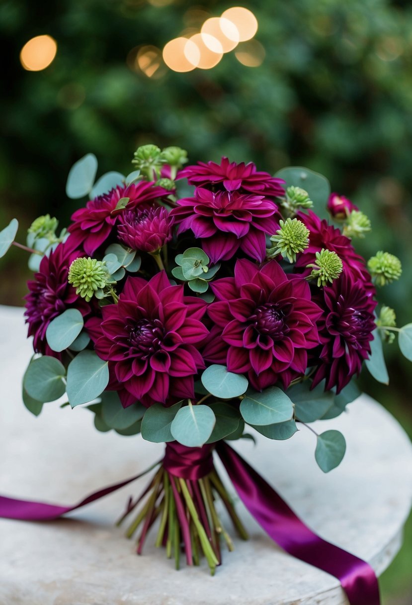 A bouquet of burgundy dahlias and green eucalyptus tied with a satin ribbon