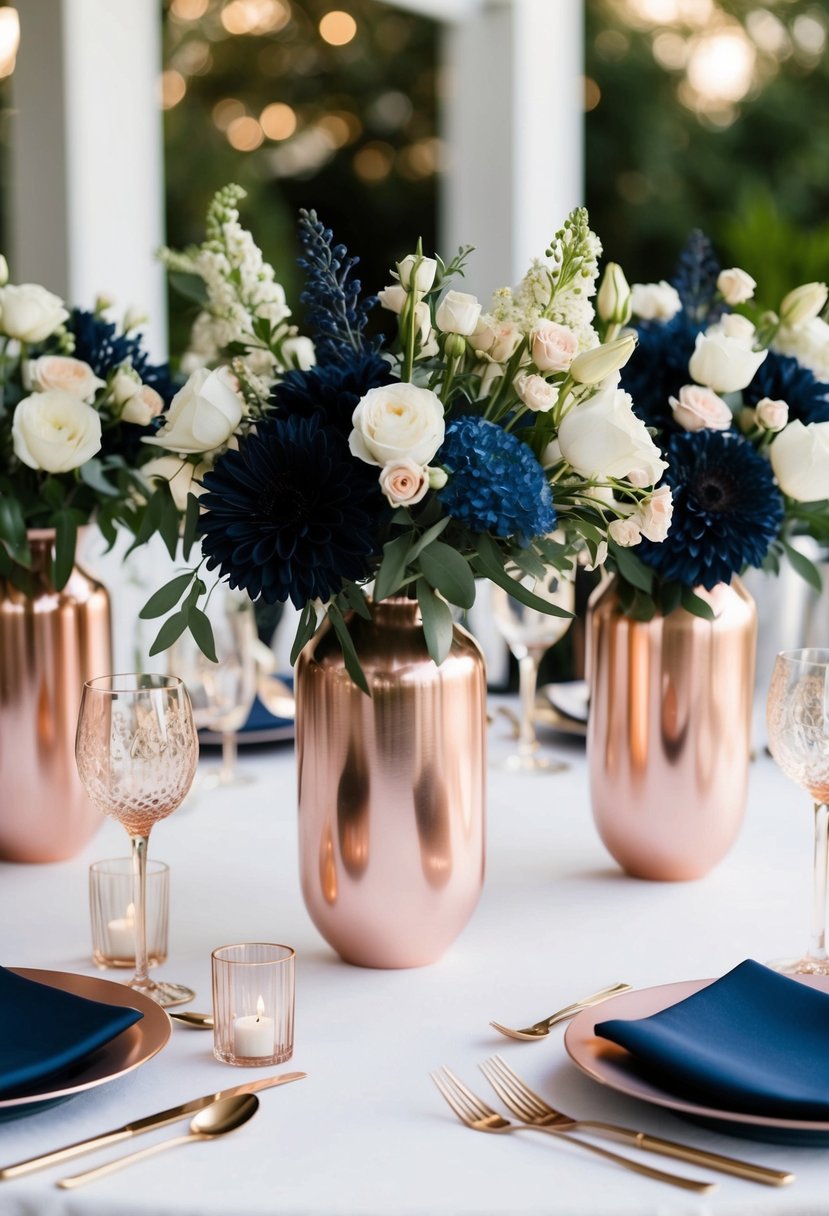 A table set with navy floral arrangements in rose gold vases