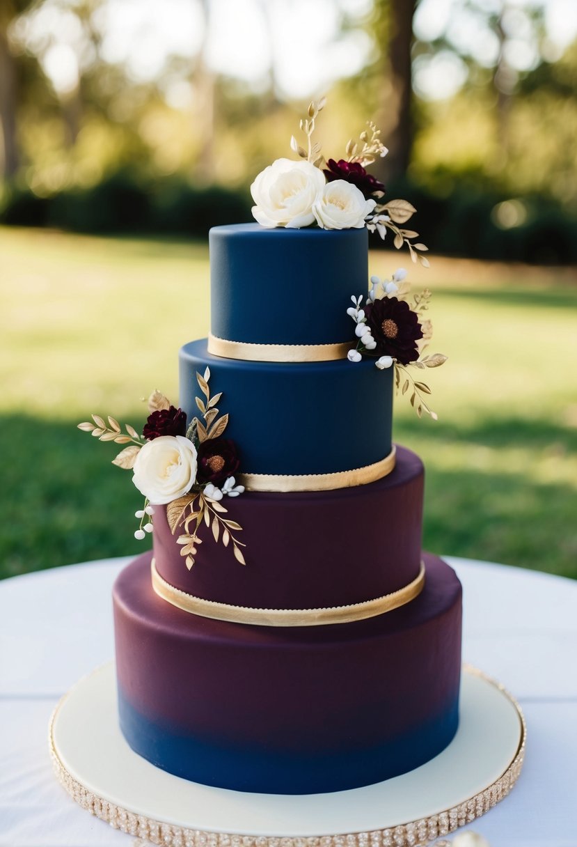 A three-tiered cake with navy blue and burgundy fondant, adorned with delicate floral accents and gold detailing