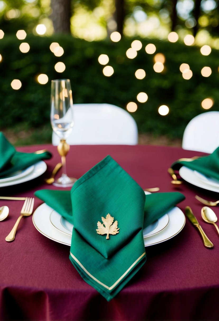 Hunter green napkins with gold accents arranged on a burgundy tablecloth