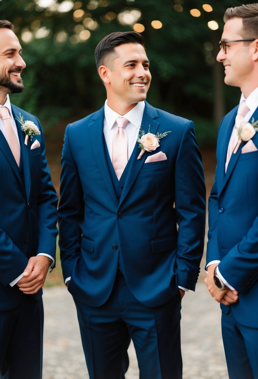 Navy blue suits with rose gold boutonnieres in a wedding setting