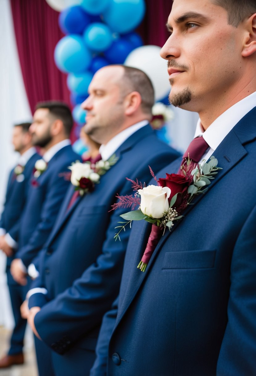 Burgundy boutonnières pinned on navy suits, set against a backdrop of blue and burgundy wedding decor