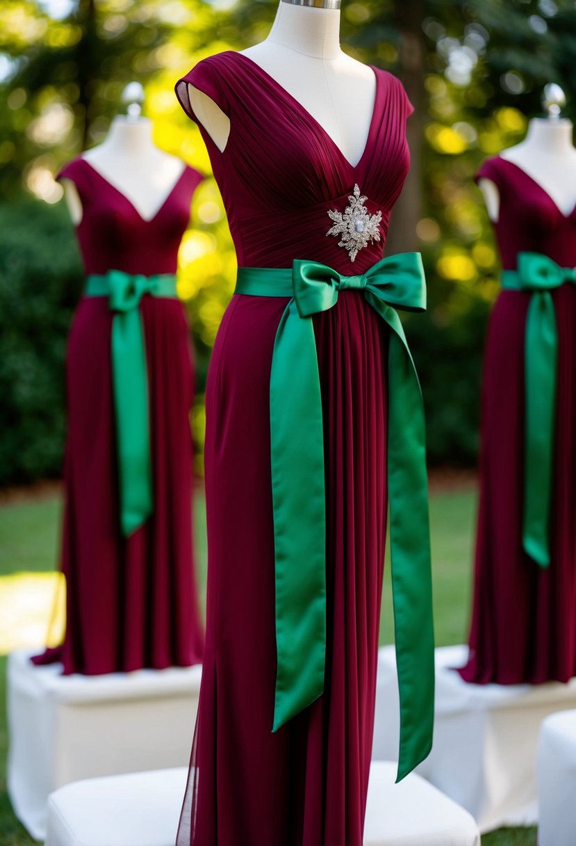 Burgundy dresses with hunter green sashes in a wedding setting