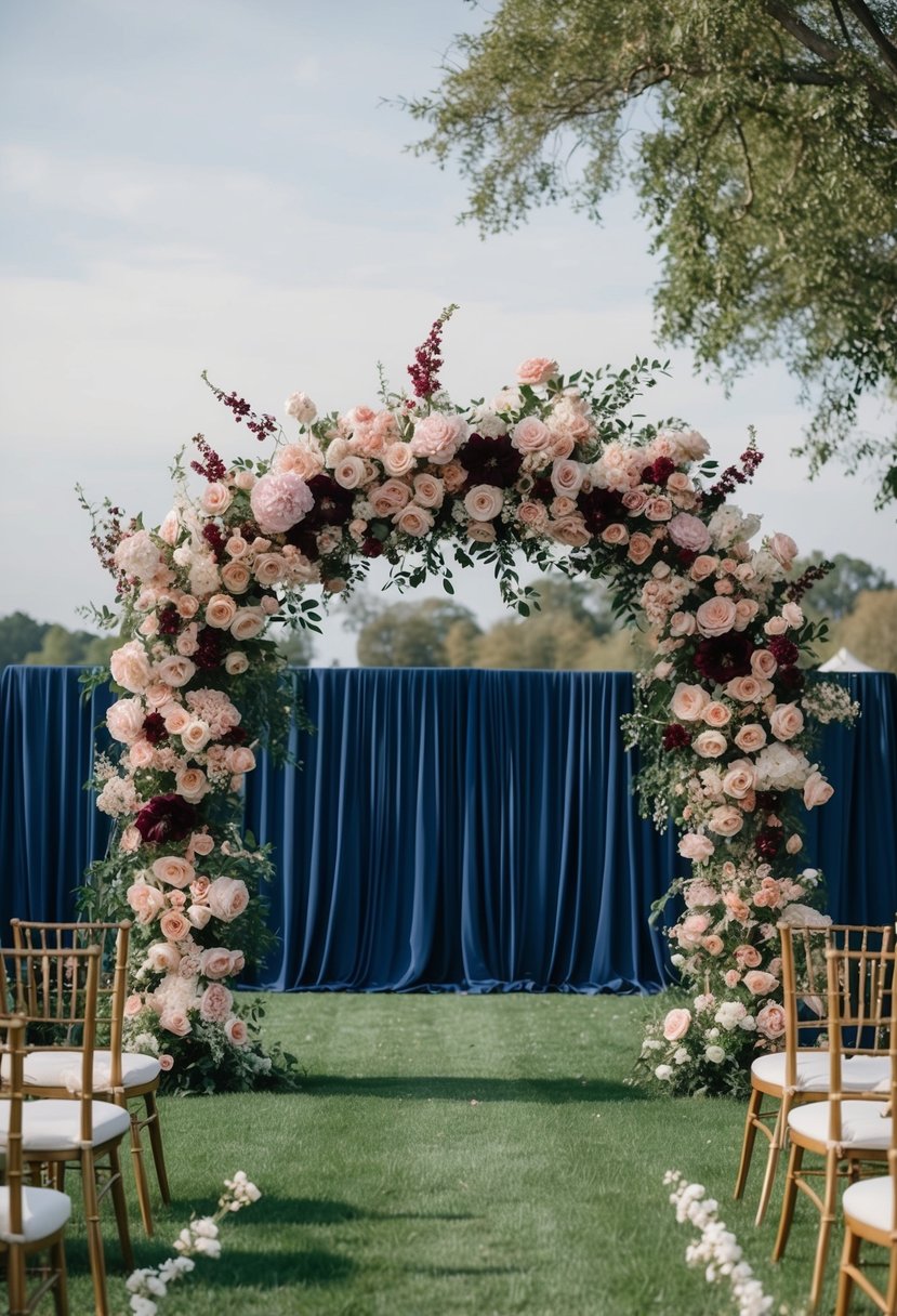 A lush floral arch in blush and navy blue, accented with pops of burgundy, creating a romantic and elegant wedding color palette