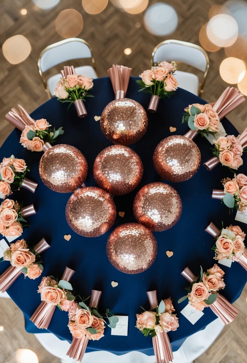 Rose gold sequined bridesmaid bouquets arranged on a navy blue tablecloth, surrounded by rose gold wedding decor