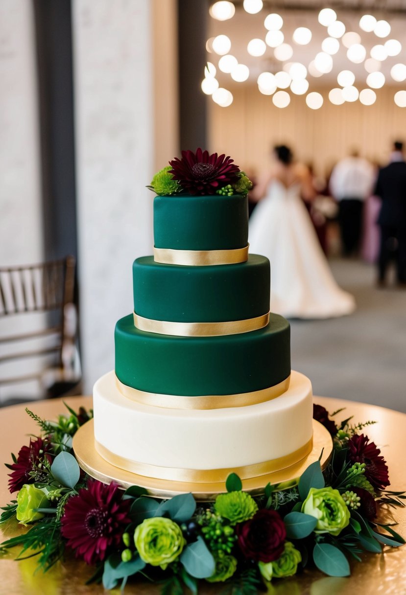 A three-tiered wedding cake in hunter green and gold, surrounded by burgundy and hunter green floral decorations