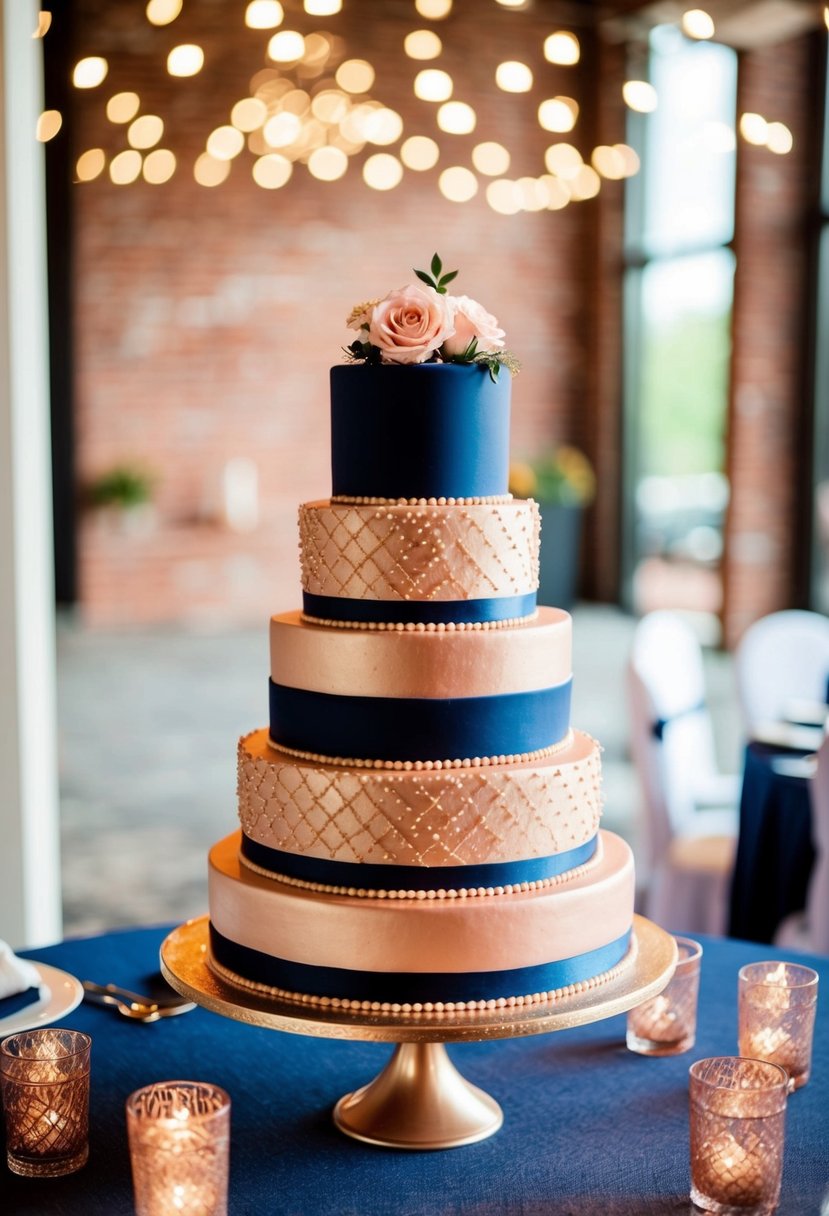 A tiered navy blue and rose gold wedding cake on a decorated table