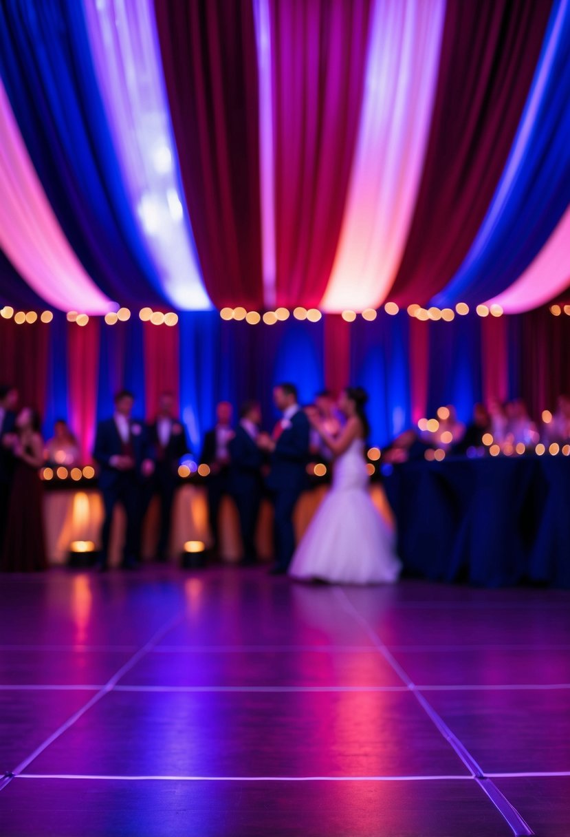 Burgundy and navy lights create a romantic ambiance on the dance floor, inspiring blue and burgundy wedding color ideas