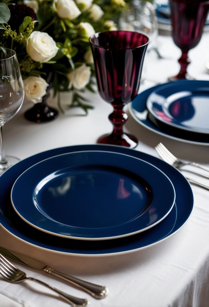 Navy blue plates and silverware set on a table, accompanied by deep burgundy wine glasses