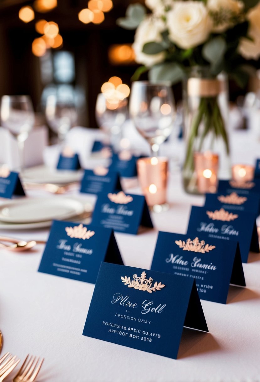 Navy blue and rose gold place cards arranged on a table for a wedding reception