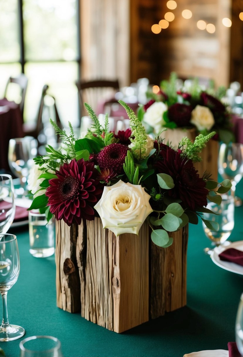 Rustic wood centerpieces adorned with burgundy and green florals create a cozy and elegant atmosphere for a burgundy and hunter green wedding