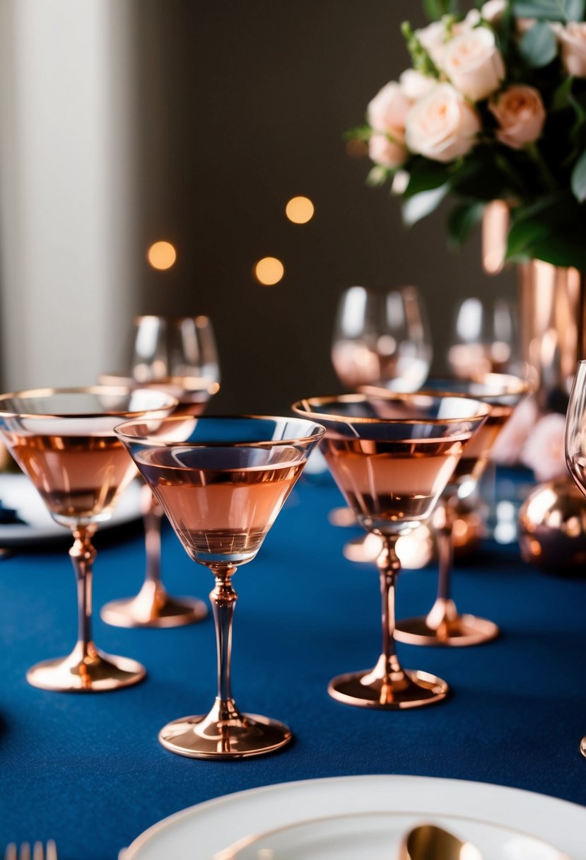 Rose gold cocktail glasses on a navy blue table, surrounded by rose gold accents and decor for a wedding color scheme