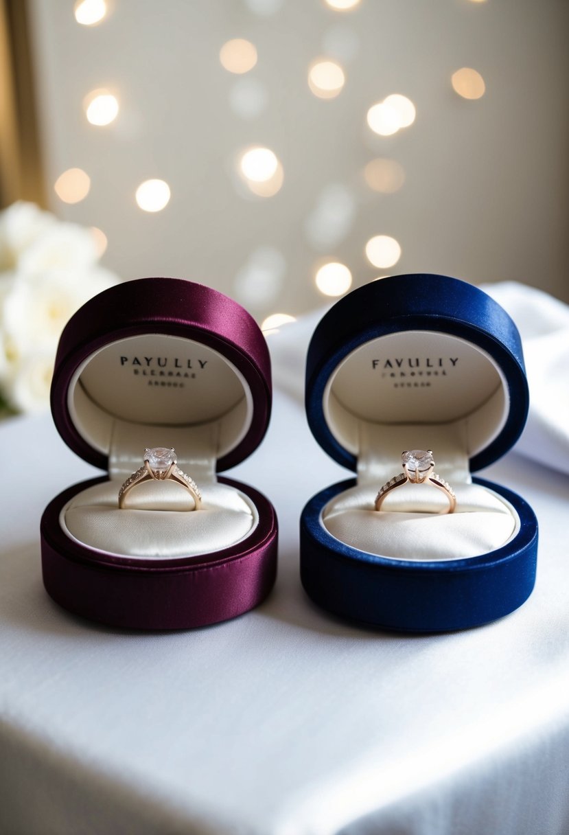 Two elegant ring pillows in navy blue and burgundy, placed side by side on a white satin cloth