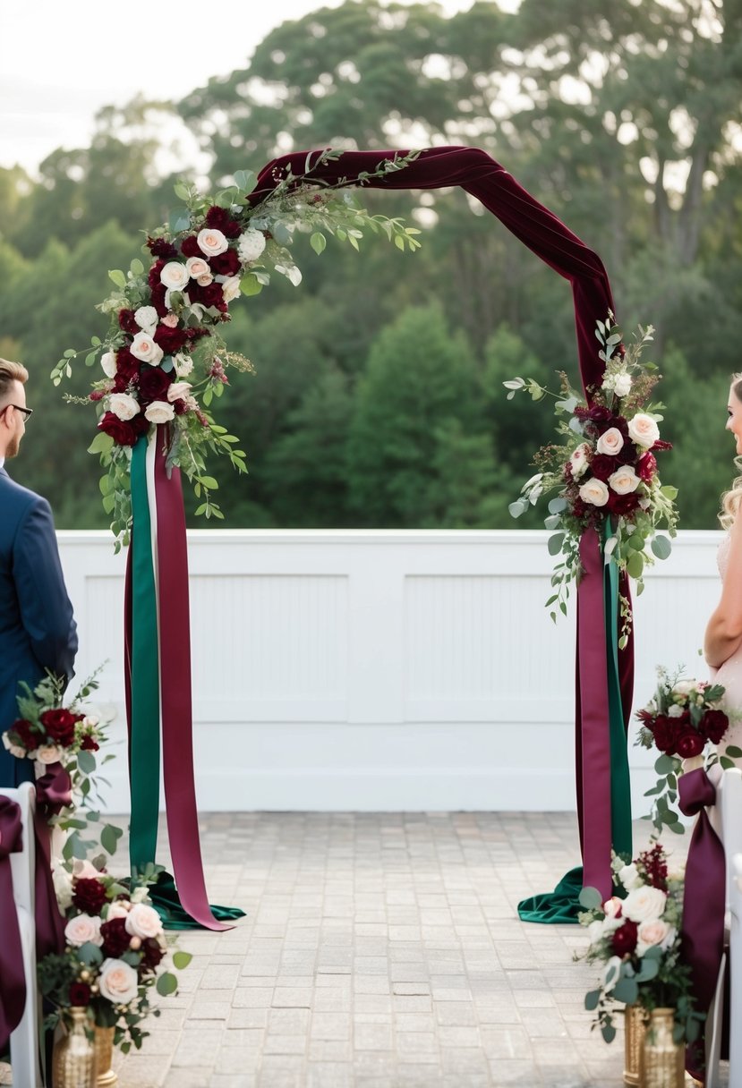 A burgundy and hunter green ceremony arch adorned with flowers and ribbons, surrounded by matching wedding decor