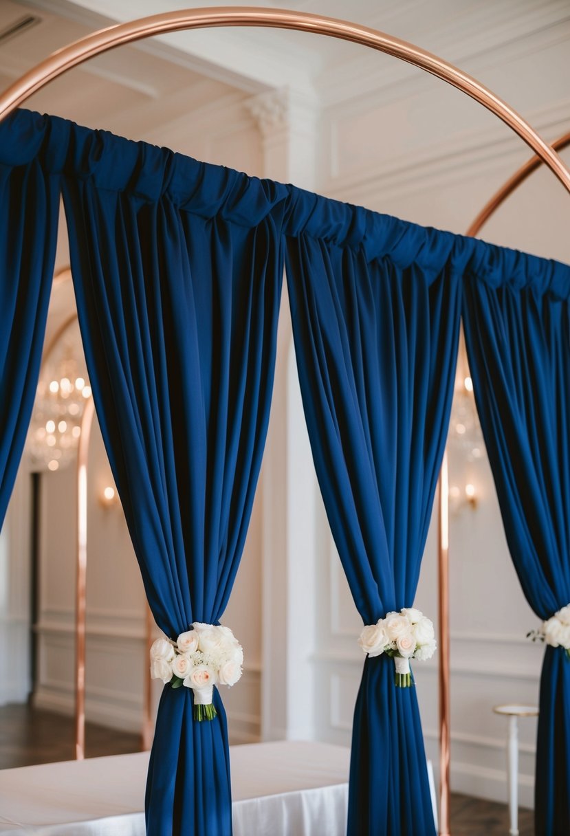 Navy blue drapery hangs against rose gold arches in a luxurious wedding setting