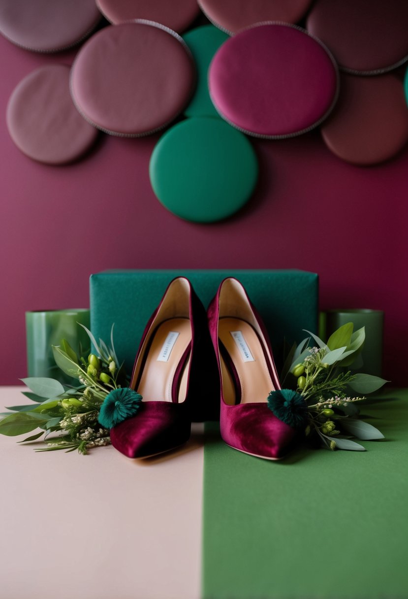 Burgundy shoes with hunter green accents against a burgundy and hunter green wedding color palette