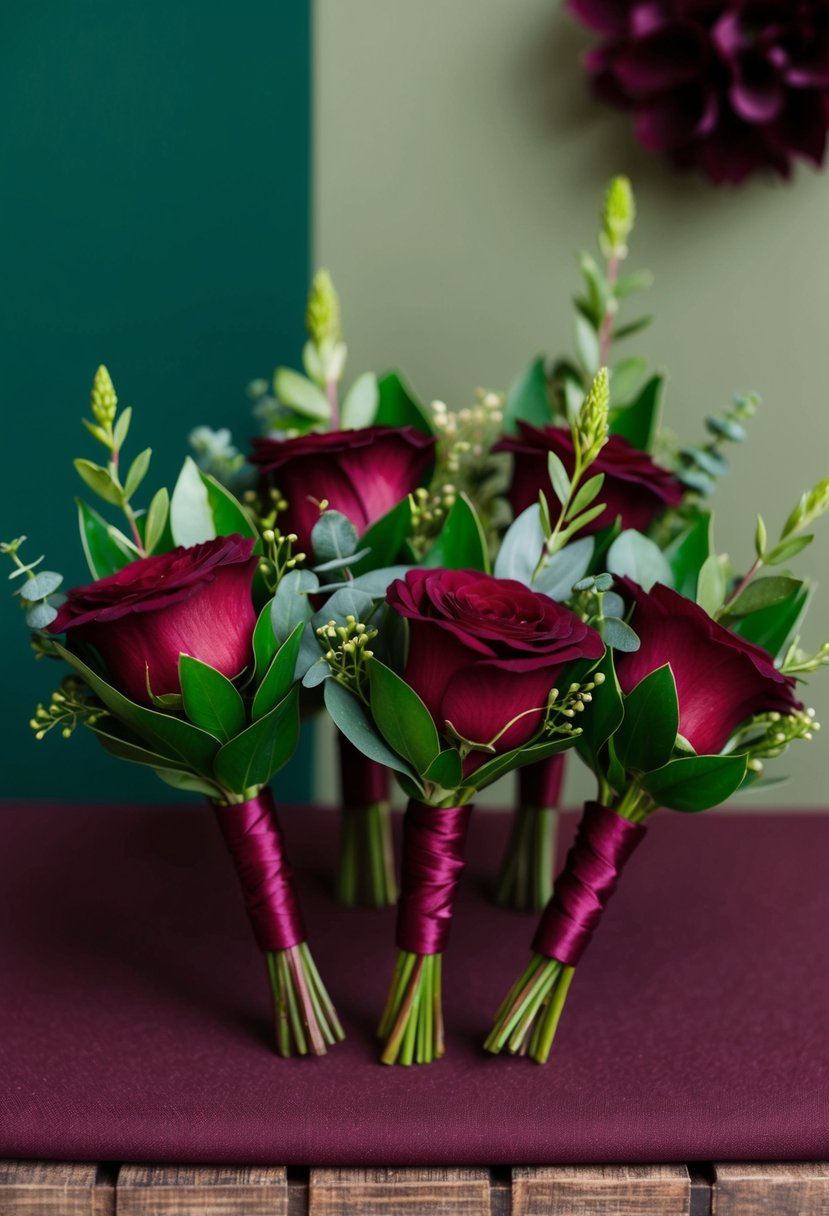 Burgundy boutonnières adorned with greenery, set against a backdrop of burgundy and hunter green wedding decor