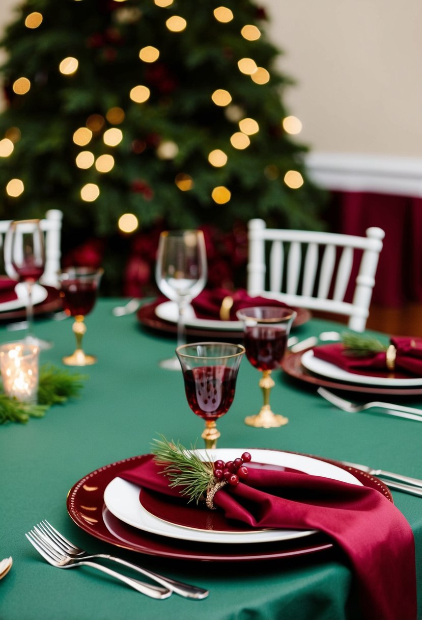 A hunter green tablecloth adorned with burgundy place settings