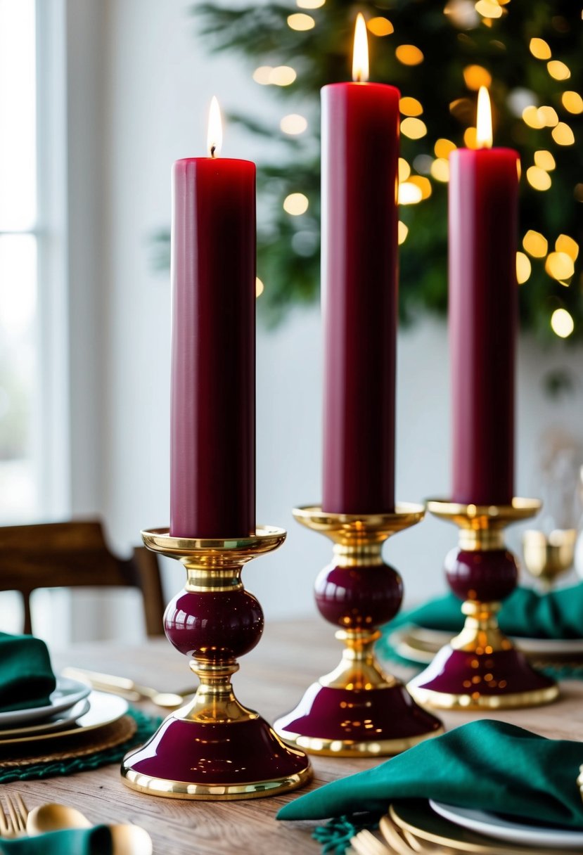 Burgundy and gold candle holders on a table with hunter green accents