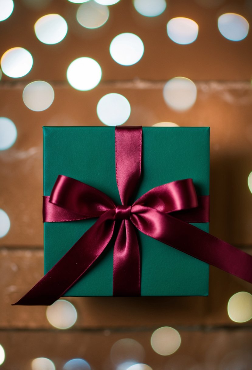 A burgundy silk ribbon tied around hunter green stationery