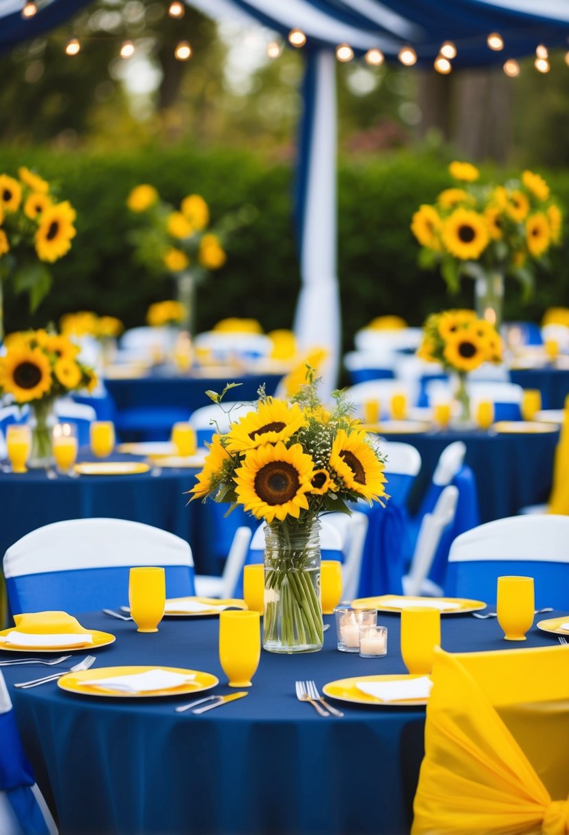 A navy blue and yellow wedding scene with sunflowers, blue tablecloths, and yellow centerpieces