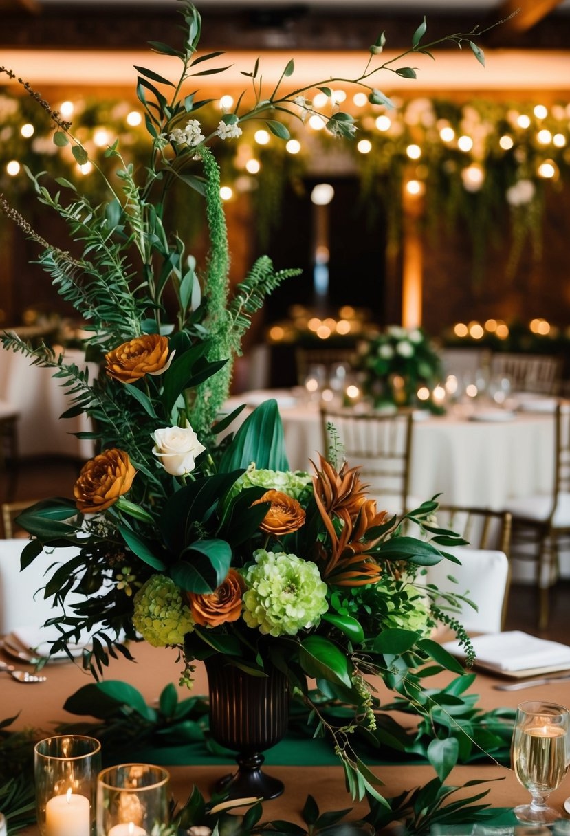 Emerald green and terracotta florals and decor adorn a wedding reception, with lush greenery and warm earthy tones creating an elegant and natural ambiance