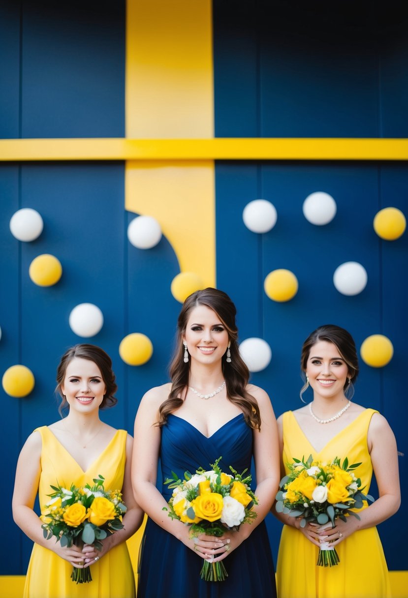 Navy blue bridesmaid dresses with bright yellow bouquets against a navy blue and yellow wedding backdrop