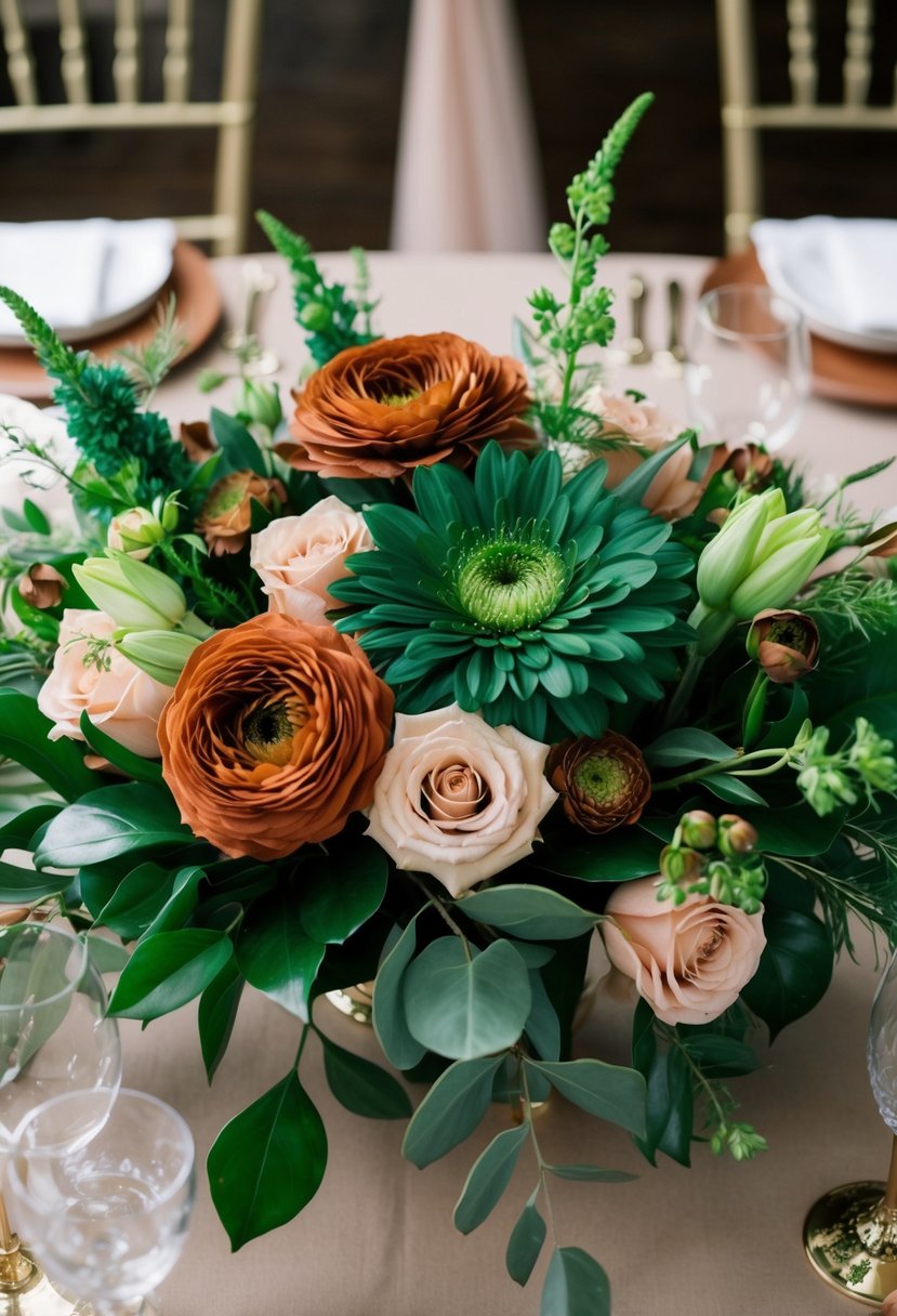 Lush emerald and terracotta flowers arranged in a stunning wedding centerpiece