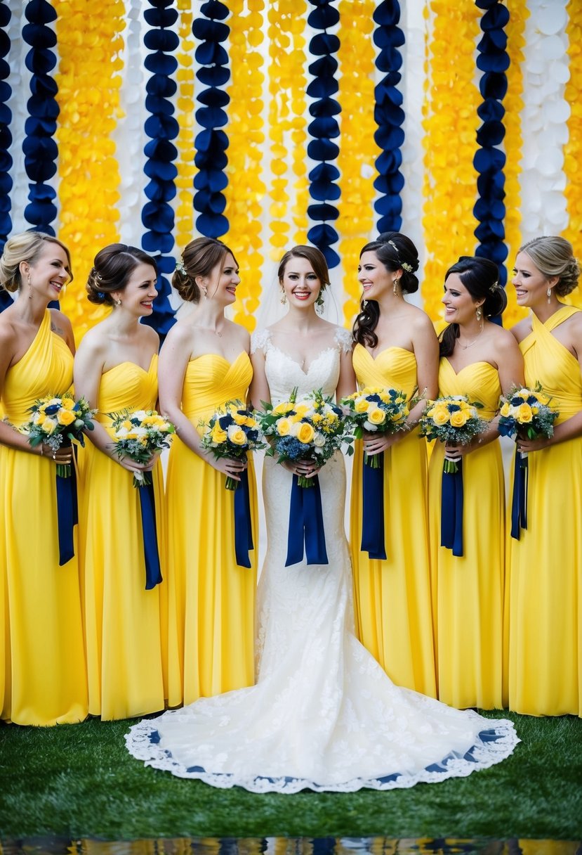 Yellow bridesmaid dresses with navy blue sashes and bouquets, set against a backdrop of yellow and navy blue wedding decor