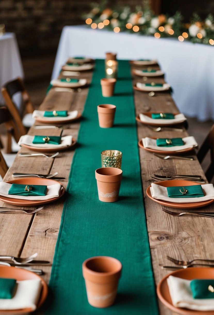 Emerald green table runners on rustic wooden tables, complemented by terracotta accents