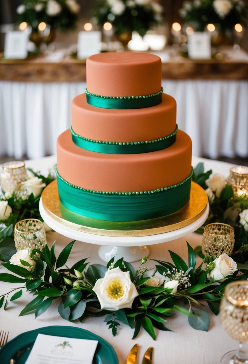 A terracotta wedding cake adorned with emerald green accents sits on a table, surrounded by matching floral arrangements and decor