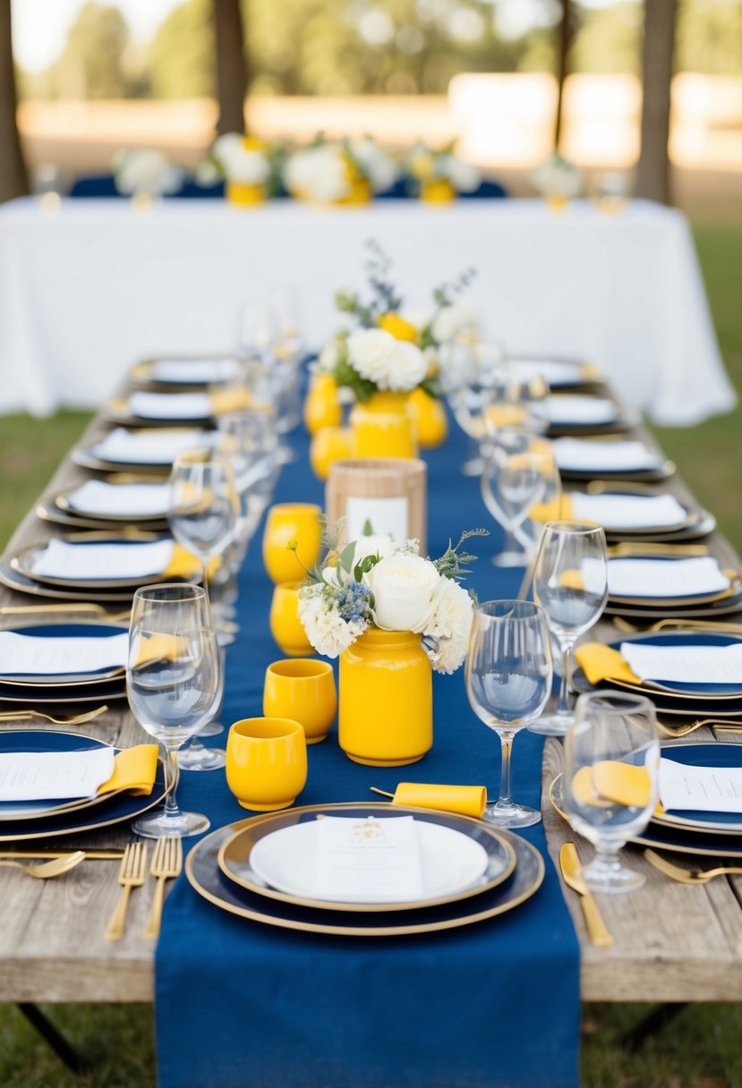 A rustic table set with navy blue and yellow accents for a wedding