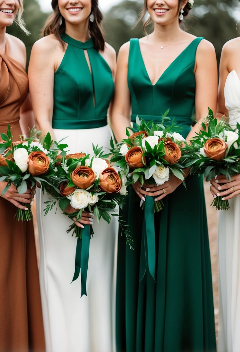 Emerald green dresses with terracotta bouquets in a wedding setting