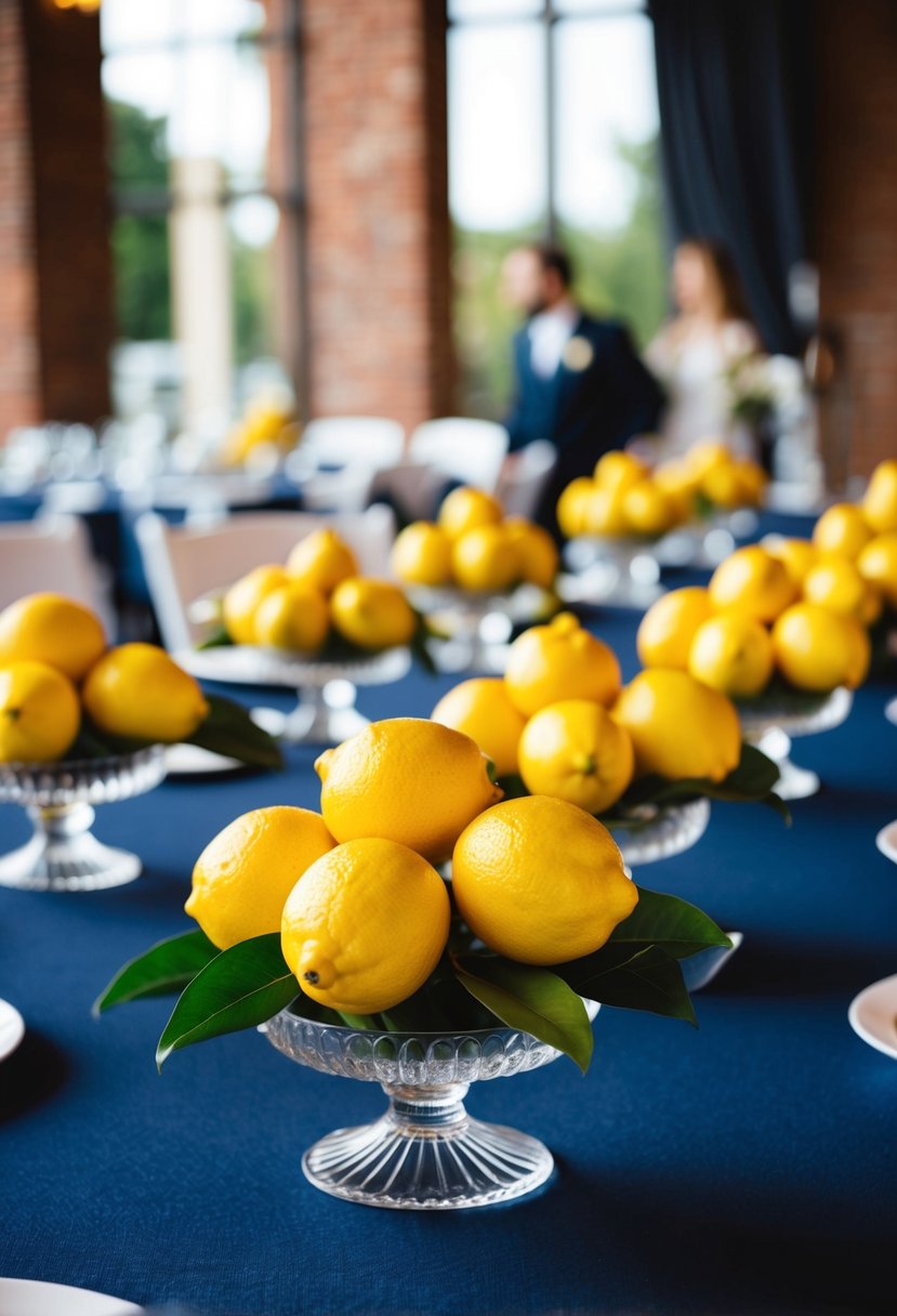 Bright yellow lemons arranged on navy tablecloths for a wedding centerpiece