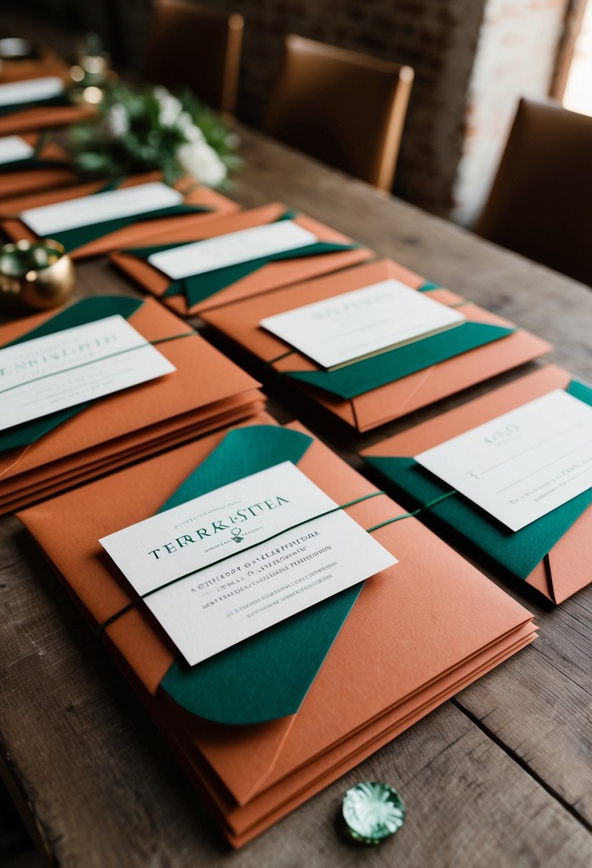 Terracotta wedding invitations with emerald accents arranged on a rustic wooden table