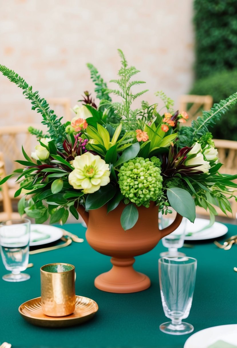 Emerald green and terracotta centerpiece with lush greenery and vibrant blooms